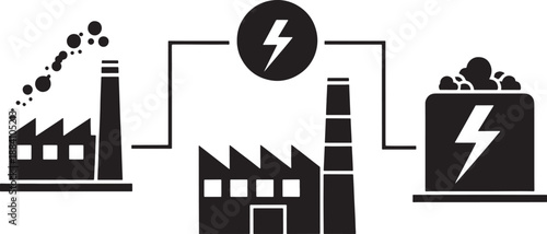 Black sketched factories and power symbol connected by lines on white factory industrial