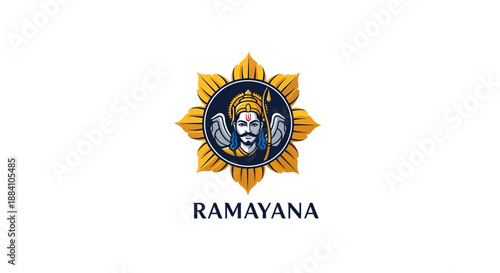 Majestic Golden Emblem with Blue-Skinned Deity Figure on Isolated White Background