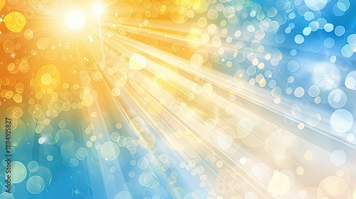A vibrant abstract background with sun rays and bokeh effects in warm and cool colors.