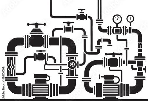 Black sketched plumbing system with valves gauges and pumps on white pipes