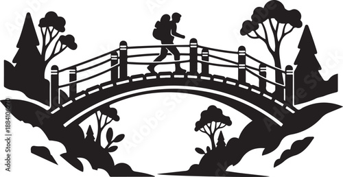 Hiker Bridge Adventure Vector Art