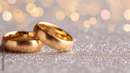Wedding rings on a glittering surface with soft bokeh lights in the background