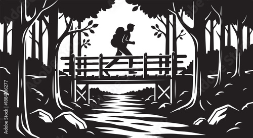 Hiker Bridge Adventure Vector Art
