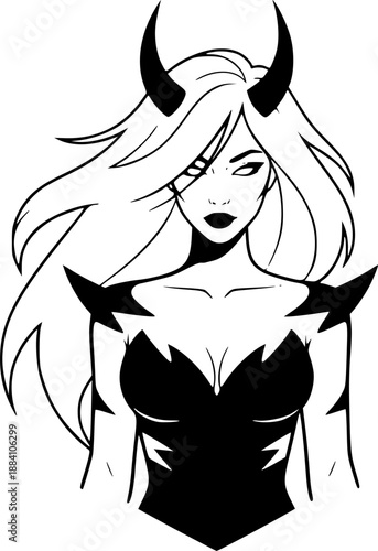 Dark Demon Woman with Bat Wings Vector Illustration