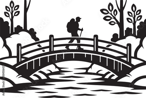 Hiker Bridge Adventure Vector Art