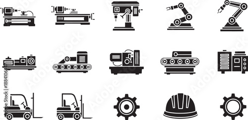 Collection of black industrial machinery and equipment on white factory equipment manufacturing tools