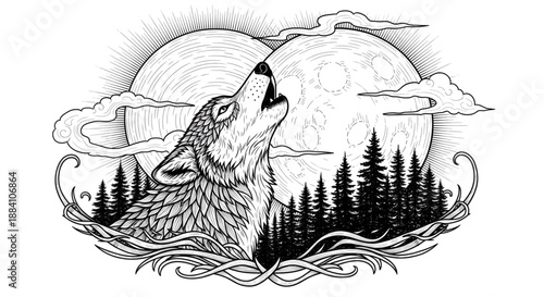 Detailed Black and White Line Art Illustration of Wild Wolf Howling at Full Moon Over Forest for Nature and Apparel Design.