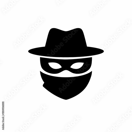 Mysterious silhouette of an anonymous figure wearing a classic fedora hat, eye mask, and bandana isolated on transparent background, isolated on white background, Vector