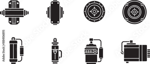 Eight black sketched mechanical components on white background mechanical parts industrial components