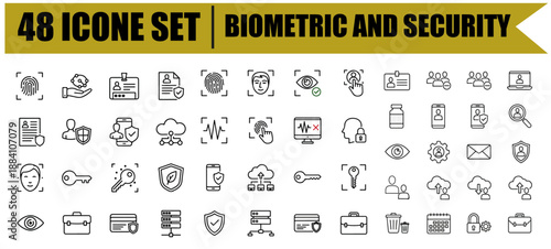 Biometric Security and Authentication Line Icons Set, Fingerprint, Face Recognition, Iris Scan, Voice Recognition, Signature Scan Symbols, Editable Stroke Vector Icons for Digital Identity, Access Con