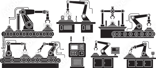 Industrial robotic arms on conveyor belts performing manufacturing tasks robot arm automation