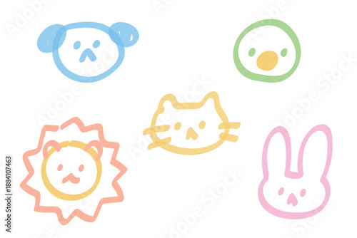 ラインマーカーの落書き風 シンプルな動物の顔のイラストセット
