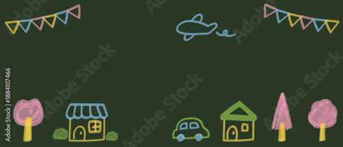 マーカーの落書き風　春の街の横長フレーム