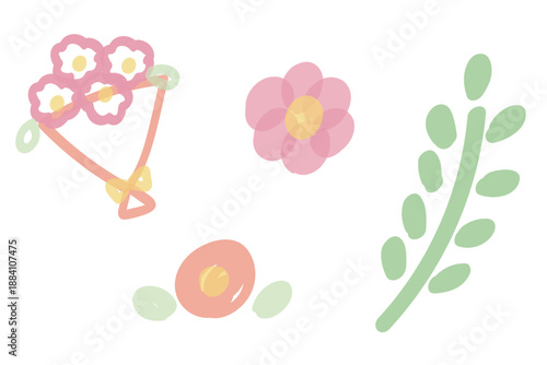 ラインマーカーの落書き風 シンプルな花と葉っぱのイラストセット