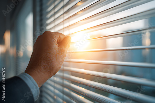 Hand opening blinds revealing bright morning sunlight