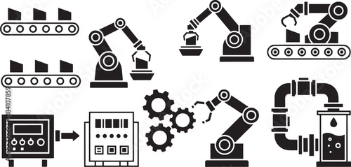 Set of black industrial automation including conveyor belts robotic arms and pipes