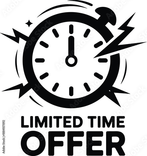 Limited time offer label, alarm clock sale badge with bold outline for promotions, advertising and ecommerce design, vector illustration