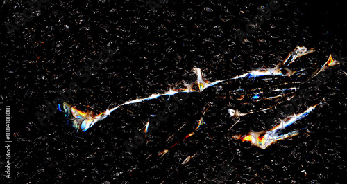 High contrast bubble wrap texture on black background with glowing light reflections. Abstract plastic pattern, futuristic industrial surface, dramatic lighting, creative packaging concept.