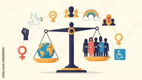 Equality and justice concept with scale balancing globe and diverse people surrounded by gender disability and human rights symbols