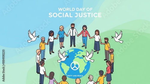 Diverse group of people holding hands around the globe for world day of social justice