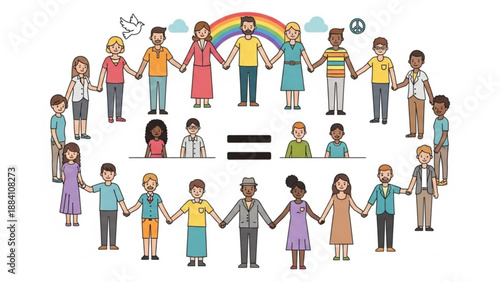 Diverse group of people holding hands in unity equality and peace under a rainbow