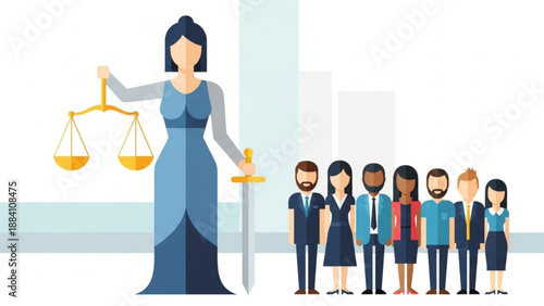 Justice and equality concept with a woman holding scales and sword standing beside a diverse group of people