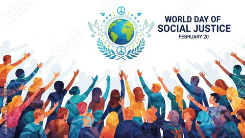 Diverse crowd celebrating world day of social justice with peace signs and globe
