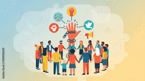 Diverse group of people holding hands in a circle with social media and communication symbols floating above them in a gradient background