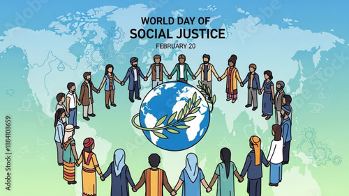 Diverse people join hands around the globe for world day of social justice promoting unity and equality on february 20