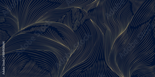 Luxury abstract wave pattern, elegant gold lines on dark background. Premium Japanese vector design, flow curves, geometric elements, wine label, packaging, wedding, posters, wallpaper.