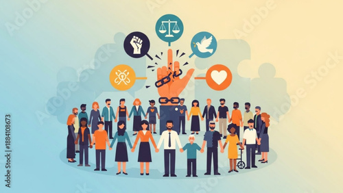 Diverse group of people standing together with social media and justice symbols floating above them in a gradient background