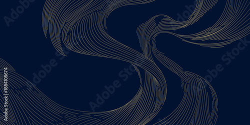 Luxury abstract wave pattern, elegant gold lines on dark background. Premium Japanese vector design, flow curves, geometric elements, wine label, packaging, wedding, posters, wallpaper.