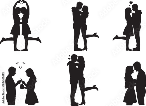 A captivating collection of romantic couple silhouettes, depicting diverse expressions of love, affection, and intimate relationships. Ideal for projects celebrating connection and passion