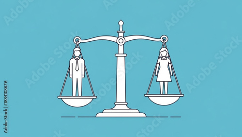 Gender equality concept with balanced scales and two people on either side on a blue background