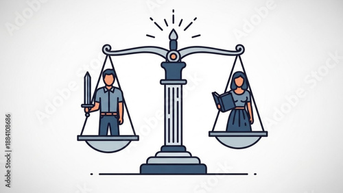 Justice scale with man holding sword and woman holding book symbolizing law and knowledge balance