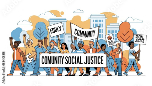 Diverse group of people marching for community social justice with signs