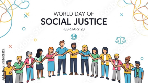 Diverse group of people holding hands for world day of social justice on february 20 celebrating unity and equality