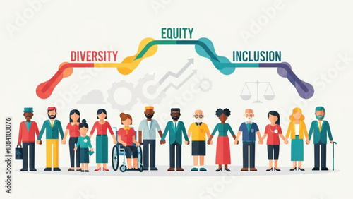 Diverse group of people standing together representing unity equity and inclusion with colorful abstract lines