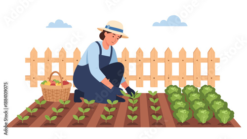 Vector illustration of a farmer tending to a vegetable garden, harvesting produce, and planting seedlings for sustainable agriculture