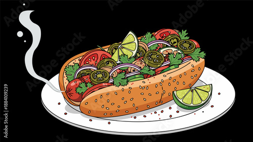 Delicious loaded hot dog illustration vector, a tasty and appetizing fast food meal with fresh toppings and lime wedges on a plate, perfect for menu designs