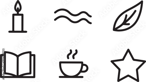 Minimalist symbols collection with candle, water, leaf, book, coffee, and star
