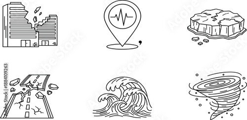 Natural disaster and emergency alert line icons set including earthquake, tsunami waves, tornado, volcanic eruption, flood, and location pulse symbol.