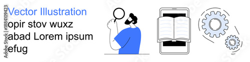 Education, research, innovation, learning apps, problem-solving, teamwork. Person with magnifying glass, open book on a smartphone gear symbols. Education and research