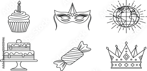 Advanced artificial intelligence and technology icons set including robotic brain, smart mobile scanning, carnival mask, birthday cake, and royal crown.