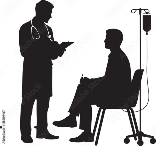 Silhouette of doctor consulting patient with iv drip