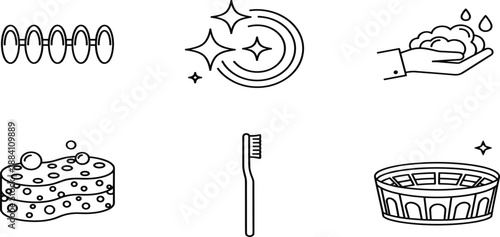 Hygiene and cleaning line icons set including hand washing, toothbrush, sponge, sparkle symbols, ancient coliseum arena, and oval medicine capsules.