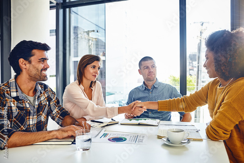 Tableau sur toile Happy, people and meeting with paperwork, handshake and agreement for marketing manager recruitment
