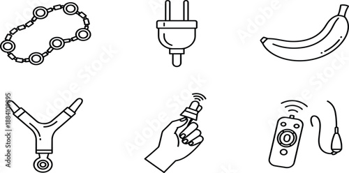 Miscellaneous objects line icons set including electric power plug, boomerang, yellow banana, molecular structure, handheld electronic device, and dropper tool icon.