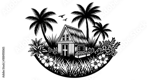 Tropical Cabin with Palm Trees and Exotic Flowers. Black and White Woodcut Illustration for Island Vacation, Travel, and