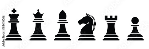 Chess Piece Icons Vector Illustration, Smart Board Game Elements, Classic Chess Silhouettes Isolated on White Background, Strategy Game Symbols for UI Design, Apps, Websites, Education, and Print